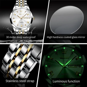 OLEVS 9931 Top Brand Men's Watches Stainless Steel Strap Waterproof Men Wristwatch Business Dual Calendar Luxury Diamond Watch 4