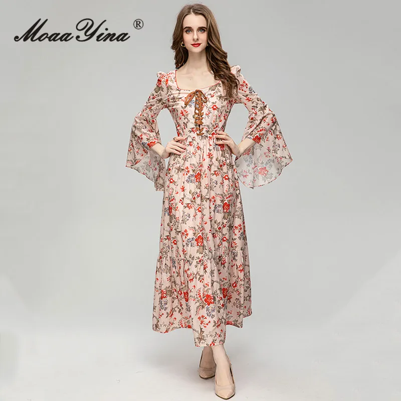 

MoaaYina модное подиумное летнее элегантное платье женское бальное платье с расклешенными рукавами и оборками, длинное платье с цветочным принтом