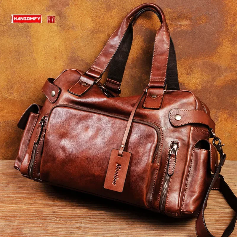 

Retro Genuine Leather Men's Bag Casual Shoulder Crossbody Bag Handbag Travel Luggage Tote Bag Soft Gym Bags Large Capacity