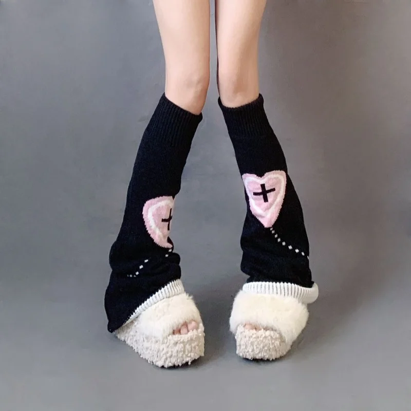 Harajuku Japanese JK Knitted Loose Punk Lolita Leg Socks Sweet Heart Printed Leg Warmers Socks Autumn and Winter Thin Leg Cover