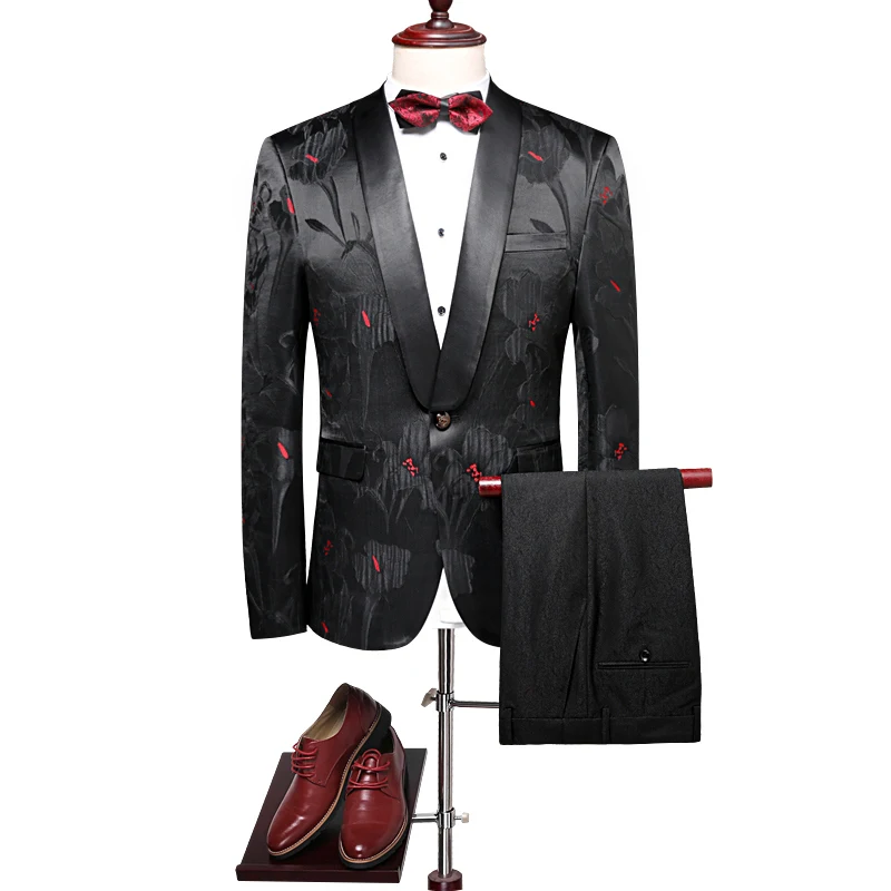 

Floral Suits Men Slim Fit Groom Wedding Suit Shawl Collar Tuxedo Jacket Pants Luxury Prom Party Stage Suit