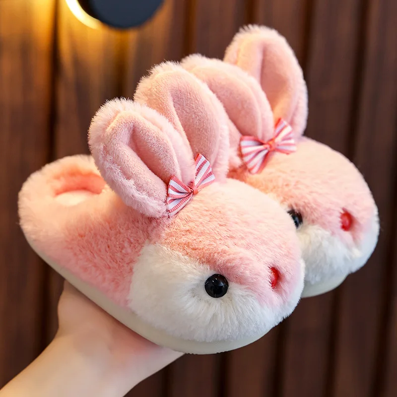 Cute Rabbit Children Slippers Girls Boys Indoor Bedroom Slides Winter Cotton Plush Shoes Baby Flip Flops Bunny Fluffly Slipper