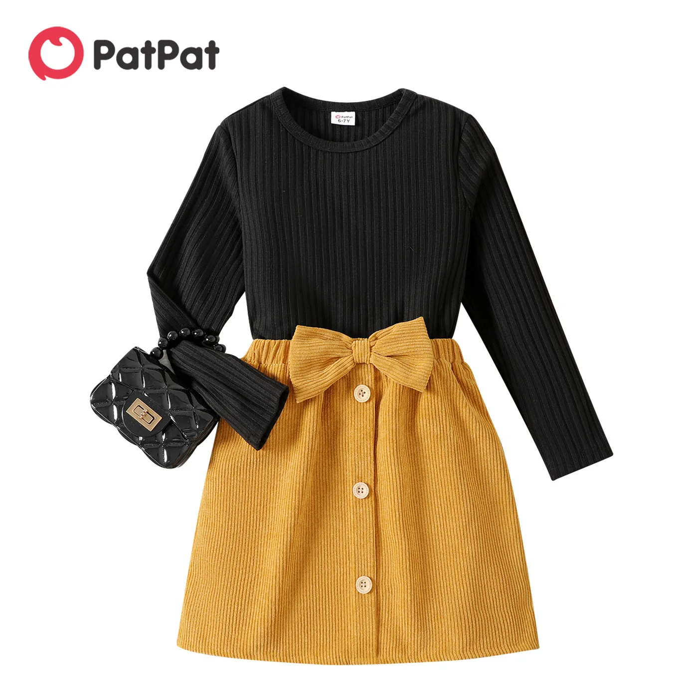 

PatPat 2pcs Kid Girl Ribbed Long-sleeve Black Tee and Bowknot Button Design Skirt Set