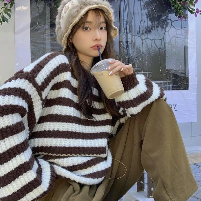 

Vintage Brown Striped Sweater Women Harajuku Korean Fashion Oversize Pullover Jumper Female Preppy Style School Girl