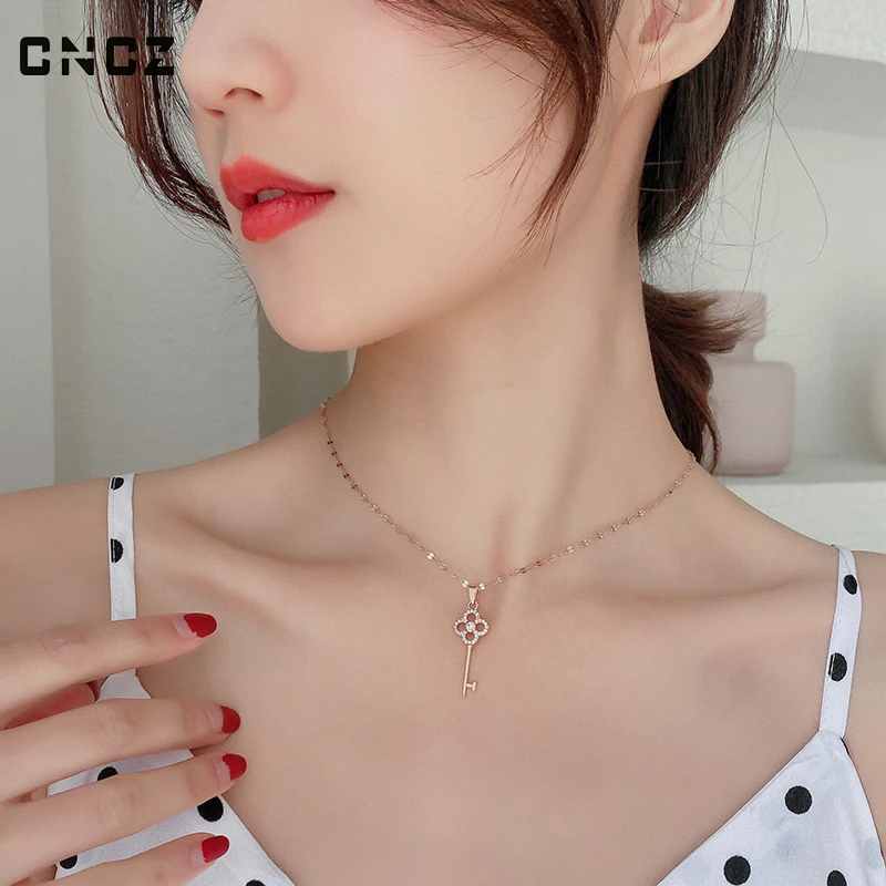 Key Shape Rose Gold Color Necklace Korean Style Women Girl Copper Pendant Paired With CNCZ Summer Fashion Clavicle Chain Jewelry