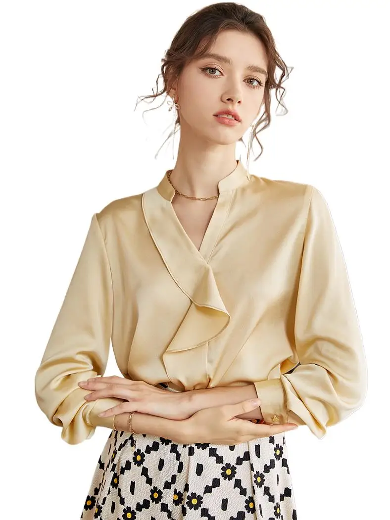

Office women's shirt satin V-neck single side ruffle long sleeved work clothes popular modern casual top autumn