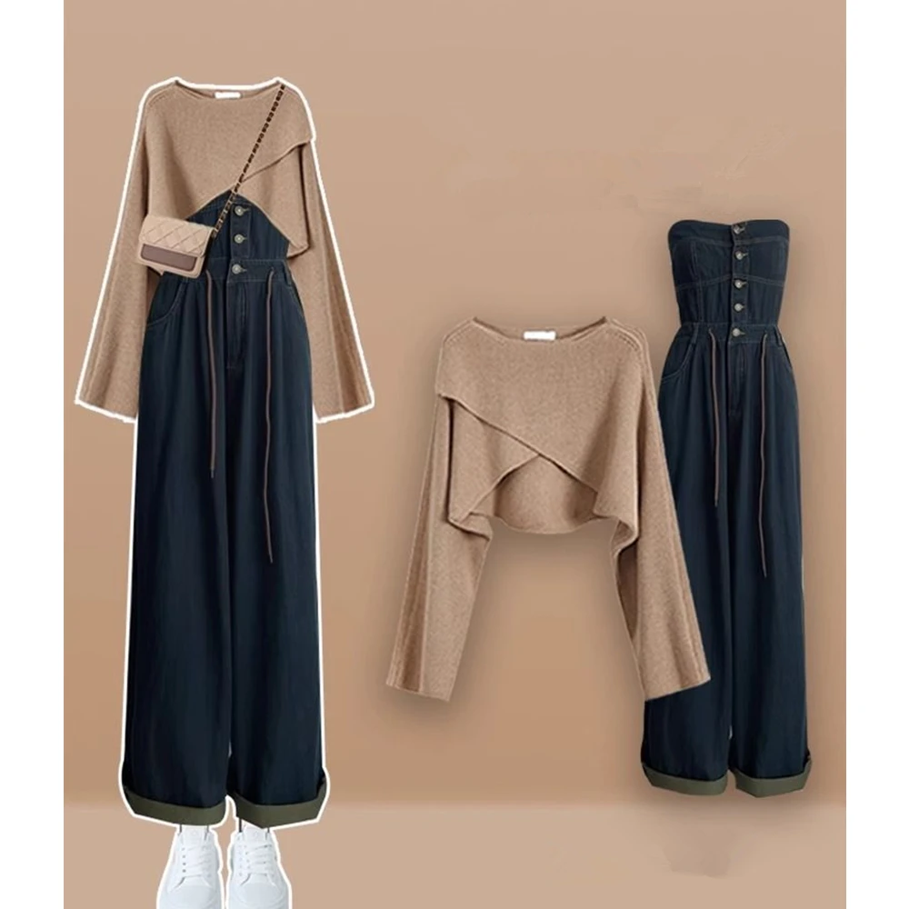 Женский джинсовый комбинезон однотонный короткий свитер с перекрестными