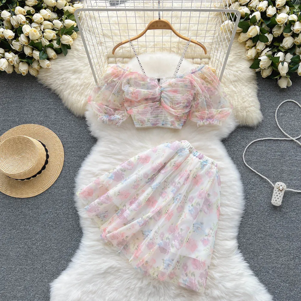 

2022 Summer New Elegant Shoulder-Baring Sling Top High Waist Short Skirt