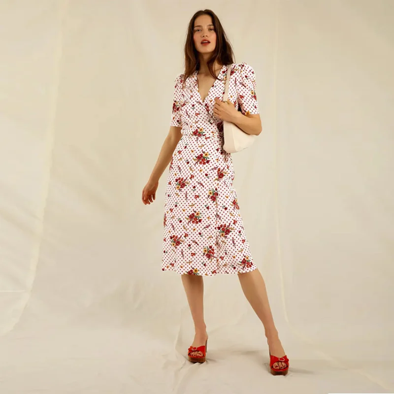 

ROUJ*E Pop Dot Autumn New 2023 Printed Fragmented Flower Retro Tea Break Dress French Short Sleeve V-Neck
