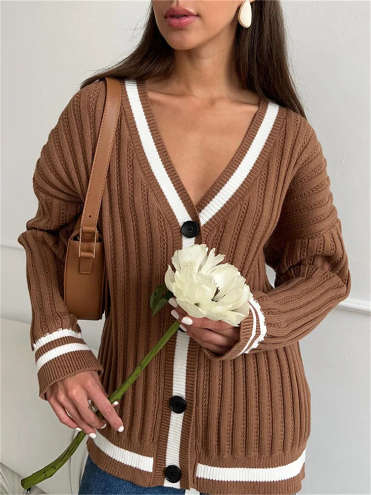 

Tossy V-Neck Ribbed Knitwear Cardigan Outwear For Women Loose Autumn 2023 Elegant Patchwork Stitch Sweatshirt Female Knit Coat