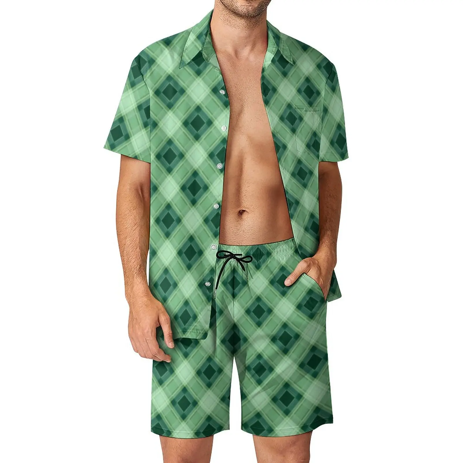 

Green Abstract Geometry Men Sets Checkered Plaid Trending Casual Shirt Set Short Sleeves Shorts Summer Outdoor Suit 2XL 3XL