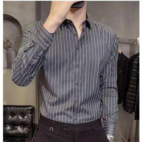 

Men's Color Block Striped Wrinkle-Resistant Dress Shirt Long-Sleeve Standard-fit Turn-down Collar Casual Pure Cotton Shirts A25