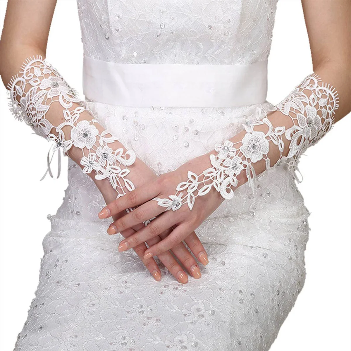 Фото Long Fingerless Lace Bridal Gloves for Formal Wedding Prom Party (ivory) №1