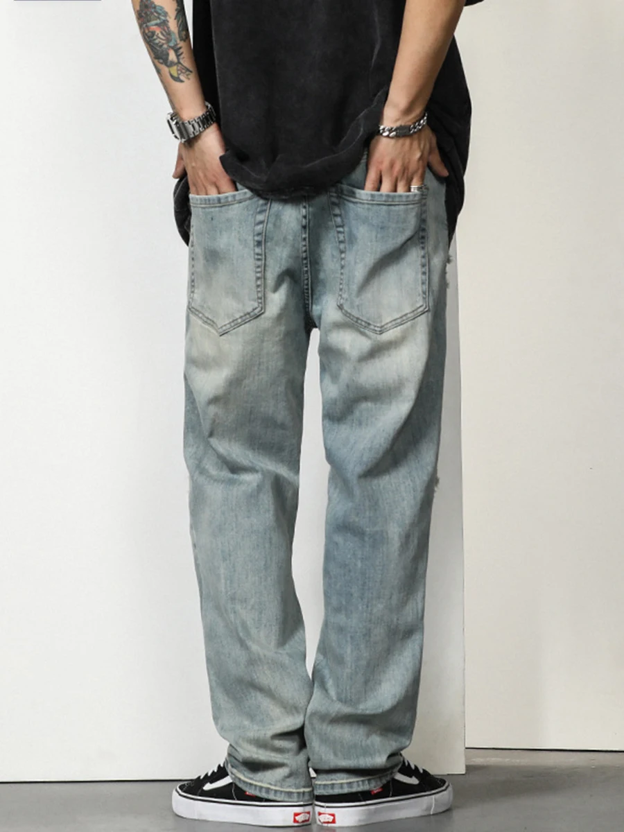 Trendy Ripped Jeans Men's Straight-leg Distressed Denim Trousers Teen Retro Korean Ripped Streetwear Men's Ins Hot Selling Denim