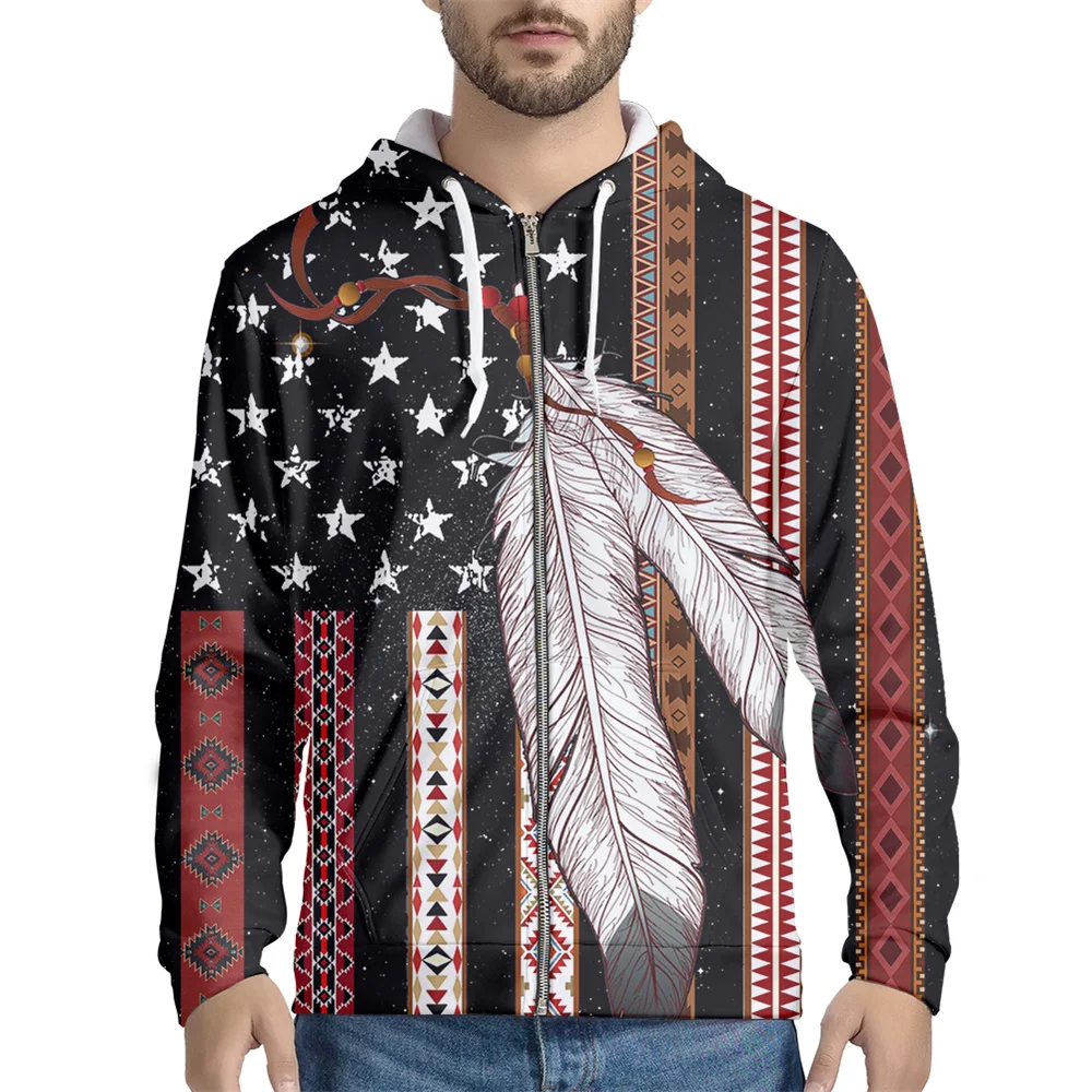 

Amercian Tribal Pattern Mens Zip Up Hoodie 2022 Autumn Casual Hooded Sweatshirt Long Sleeve Hoody Zipper Top Oversized Jacket