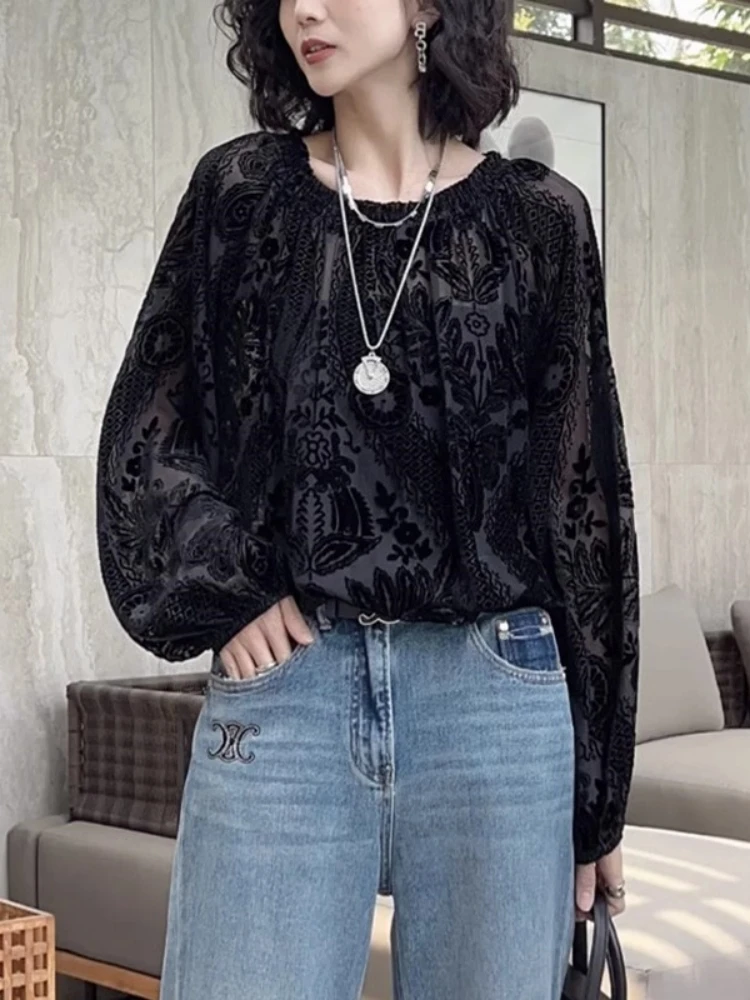 High-End Versatile Black Temperament Shirts Women 2024 Autumn New Plus size Chubby Girl Slimming Fashion Top