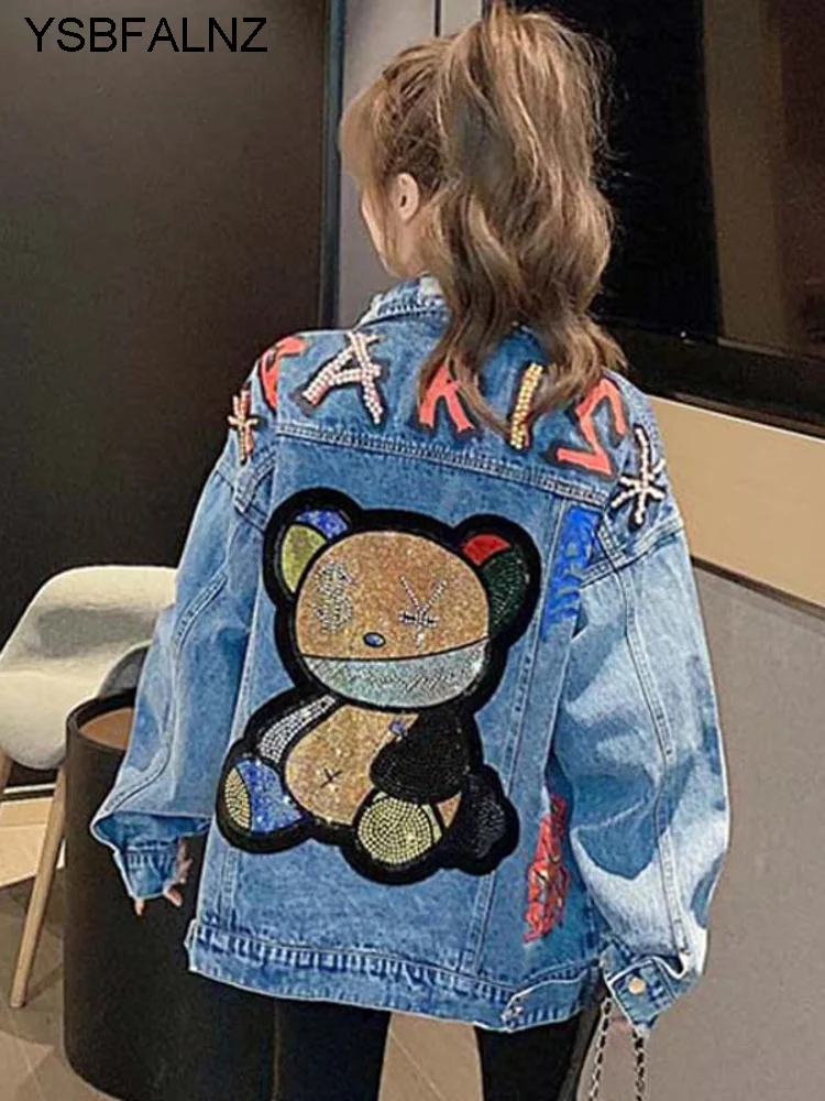 Denim Jacket Women 2023 Spring Letter Embroidery Heavy Industry Beaded Diamond Cartoon Fun Loose Thin Fashion Jacket Top Women