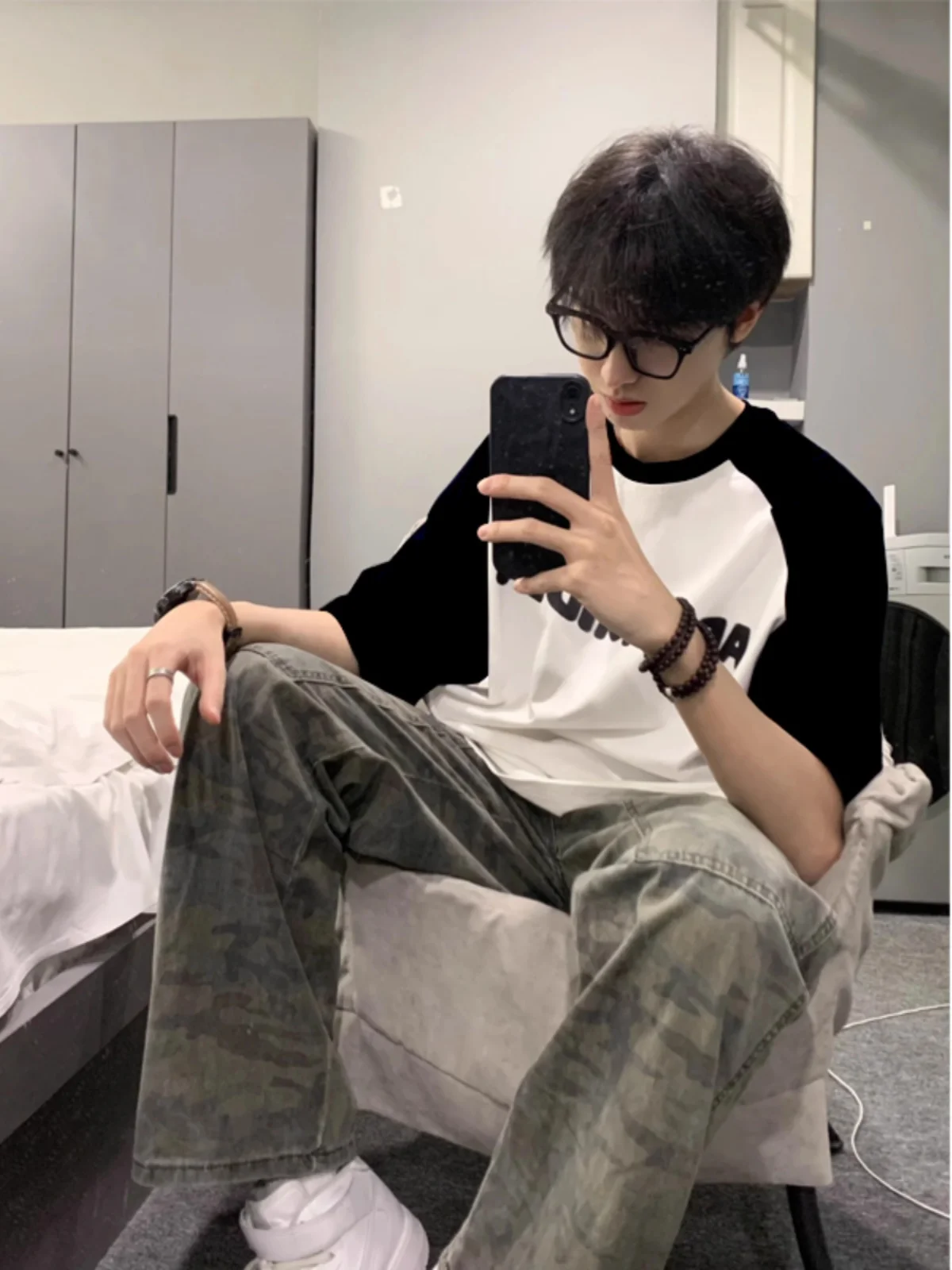 American Raglan Sleeve Short sleeve Men's Summer Fashion Brand Black and White Patchwork Short High-Grade Letters Prin...
