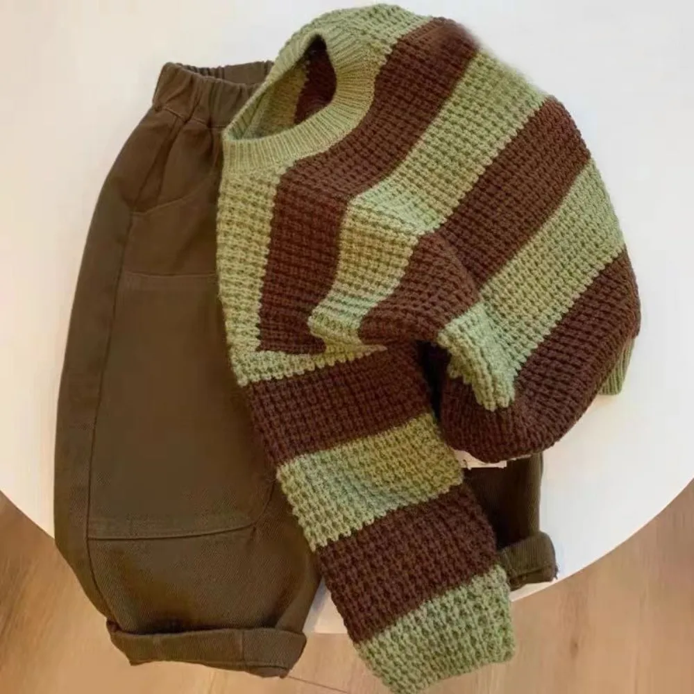 Детский Комплект из трех предметов свитер с круглым вырезом и брюки в полоску