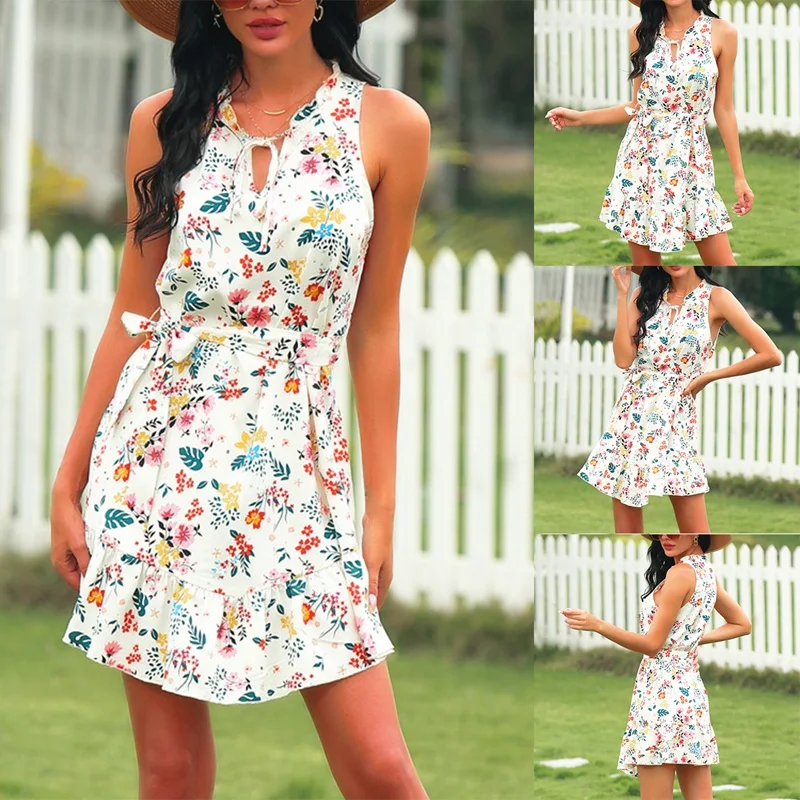 

Women's Skirt Sleeveless V-Neck Small Fresh Floral Belt Short Skirt Sexy Floral Dress White