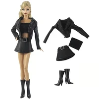black leather 16 doll clothes for barbie outfits set jacket coat tank top skirt boots 30cm dolls accessories for barbie clothes