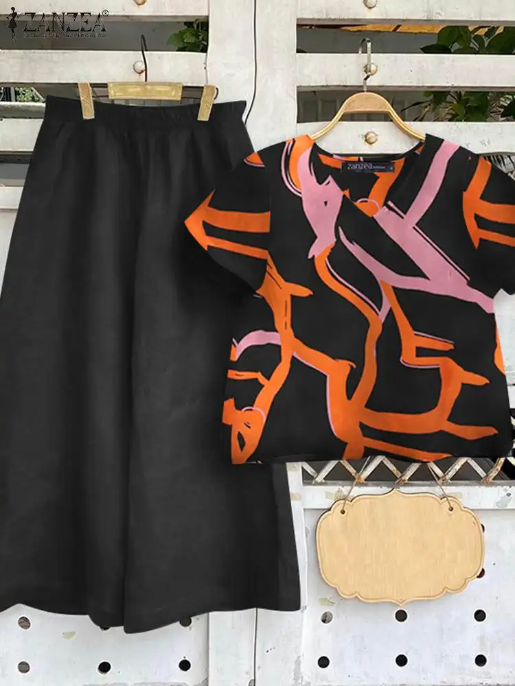 Костюм ZANZEA женский летний из 2 предметов блузка с коротким рукавом и брюки Модный