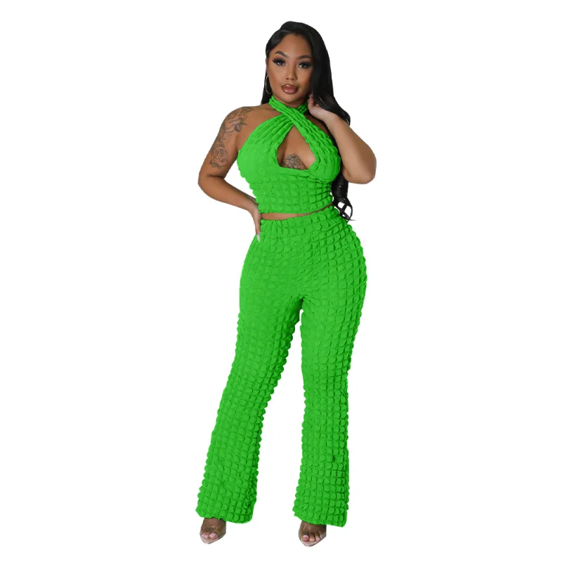 

WUHE Hollow Out Stretch Seersucker Women's Set Halter Neck Crop Top and Flare Pants 2023 Sweatsuit Two Piece Outfit Tracksuit