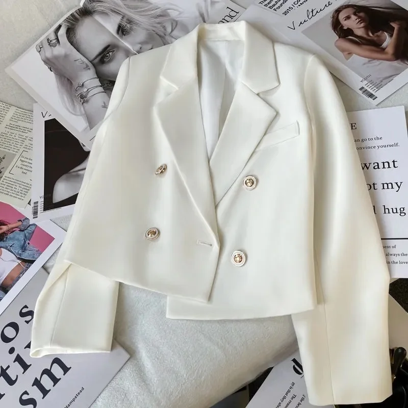 

Elegant White Silk Short Blazers for Women Spring 2023 Korean Style Cropped Tops Woman Double Breast Ladies Jackets and Blazer