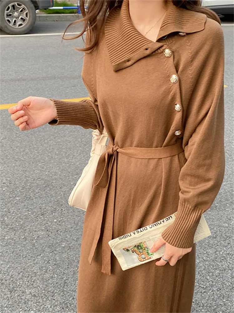 

Irregular Neck Button Long Dresses Women Fall Winter 2022 Loose Elegant Ladies Korean Fashion Long Dress with Sashes