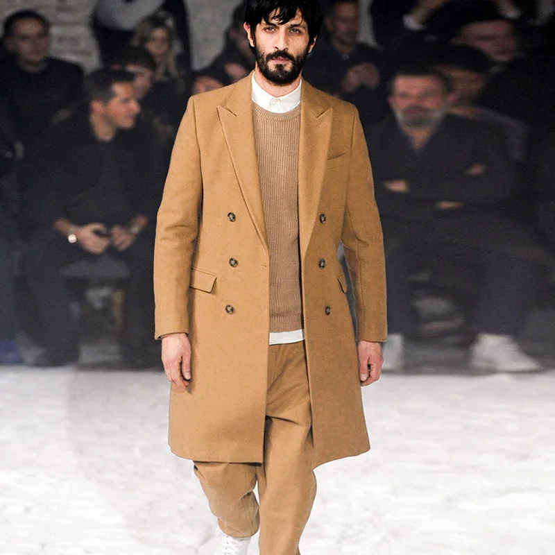 Мужское шерстяное пальто облегающий двубортный Тренч средней длины в