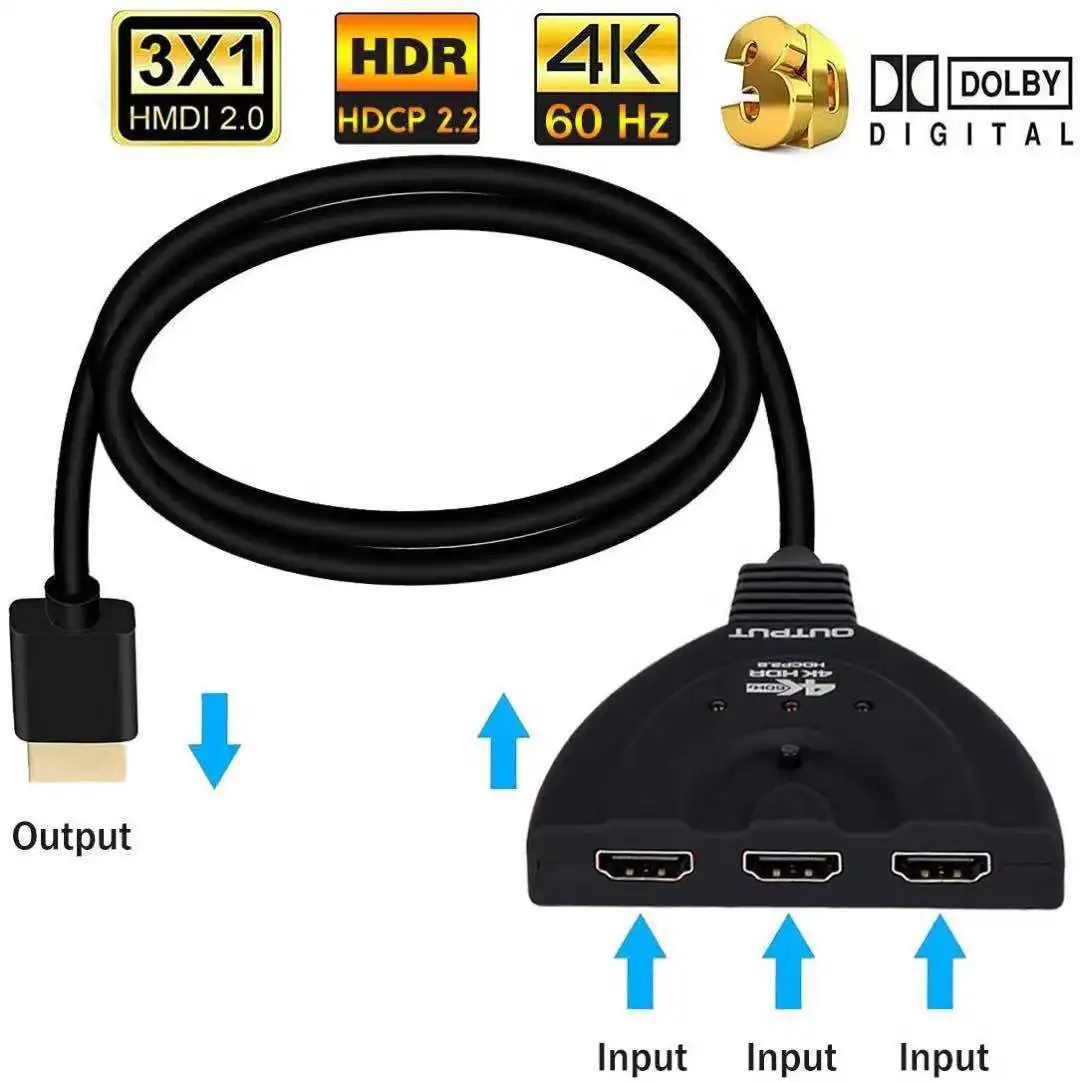 

4K 60HZ 30HZ HDMI-compatible Cable Splitter HD Video Switcher Adapter 3 In1 Port Hub for Xbox PS4 DVD HDTV PC Laptop TV