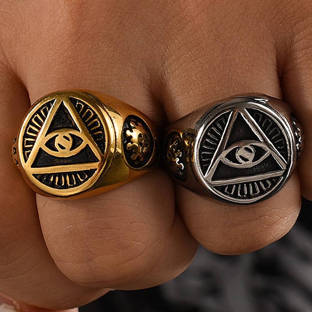 

2022 New Illuminati The All-seeing-eye Religious Totem Men Rings Stainless Triangle Pattern Ring Fashion Punk Jewelry Souvenir