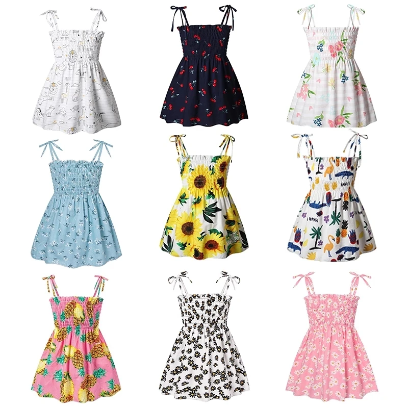 

New1-6 Years Kids Dresses Girls Summer Sleeveless Strap Princess Dress Cotton Flower Print Children Clothes Girl Casual Sundress