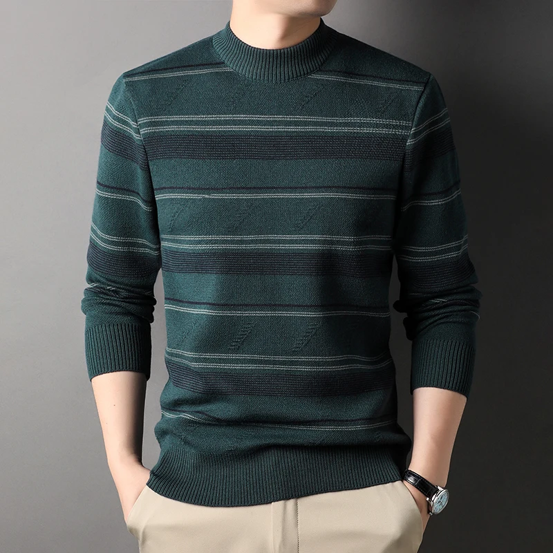 

Winter New Sweater Men's Extra Thick Warm Pullover Mock Neck Sweater Long Sleeve Striped Sweater