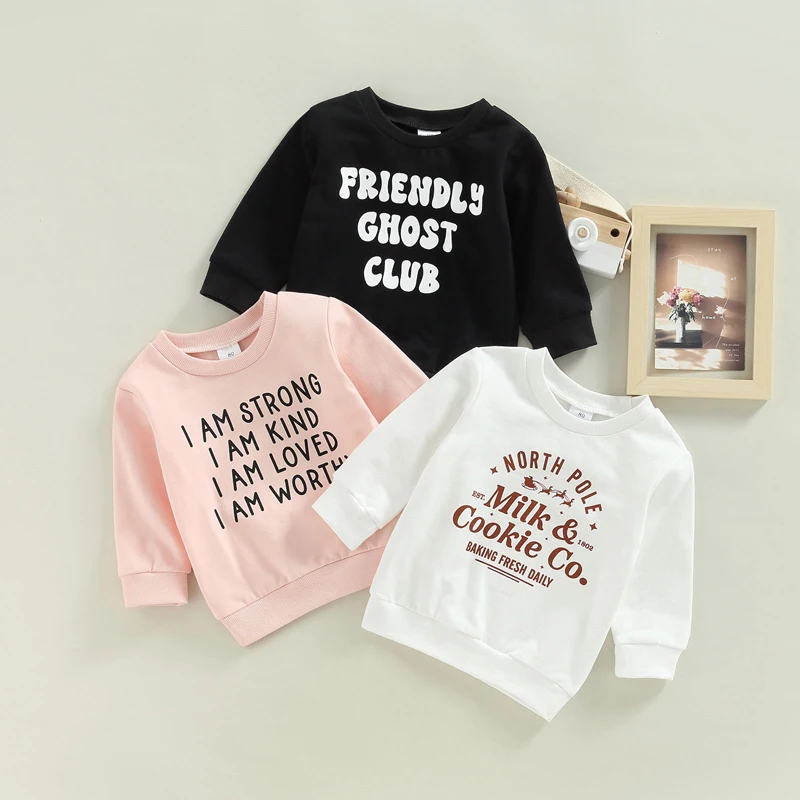 

Одежда для маленьких мальчиков и девочек, детский пуловер с длинным рукавом и круглым вырезом и буквенным принтом, худи, свитшоты, топы