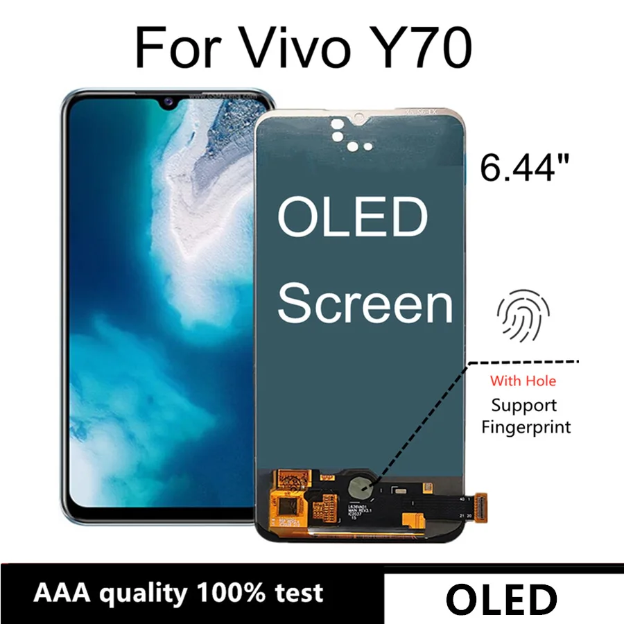 

ЖК-дисплей 6,44 ''OLED для Vivo Y70, сенсорный экран с отверстием для отпечатков пальцев, дигитайзер в сборе, замена