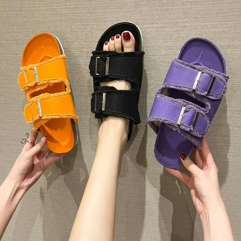 

Summer Sandals Women's Shoes Women New Casual Candy Color Canvas Buckle Flat Beach Slippers Outdoor Cork Birkenstock Slippers