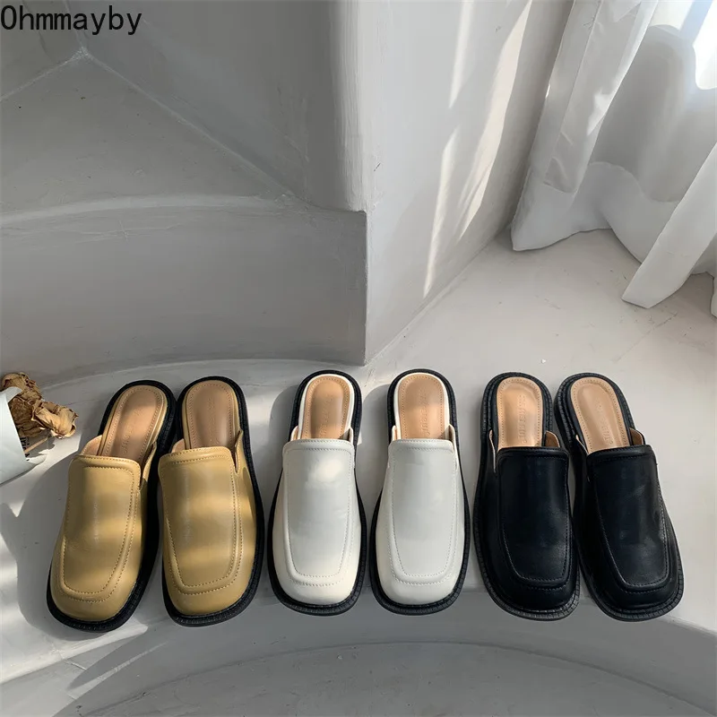 

2022 New Women Mules Slipper High Quality Black Leather Round Toe Slipper Slip On Outdoor Sandal Causal Flat Heel Slides