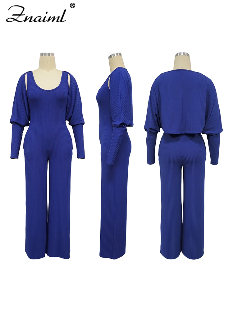 Znaiml СИНИЕ ВЯЗАНЫЕ комбинезоны с широкими штанинами и укороченным топом женские