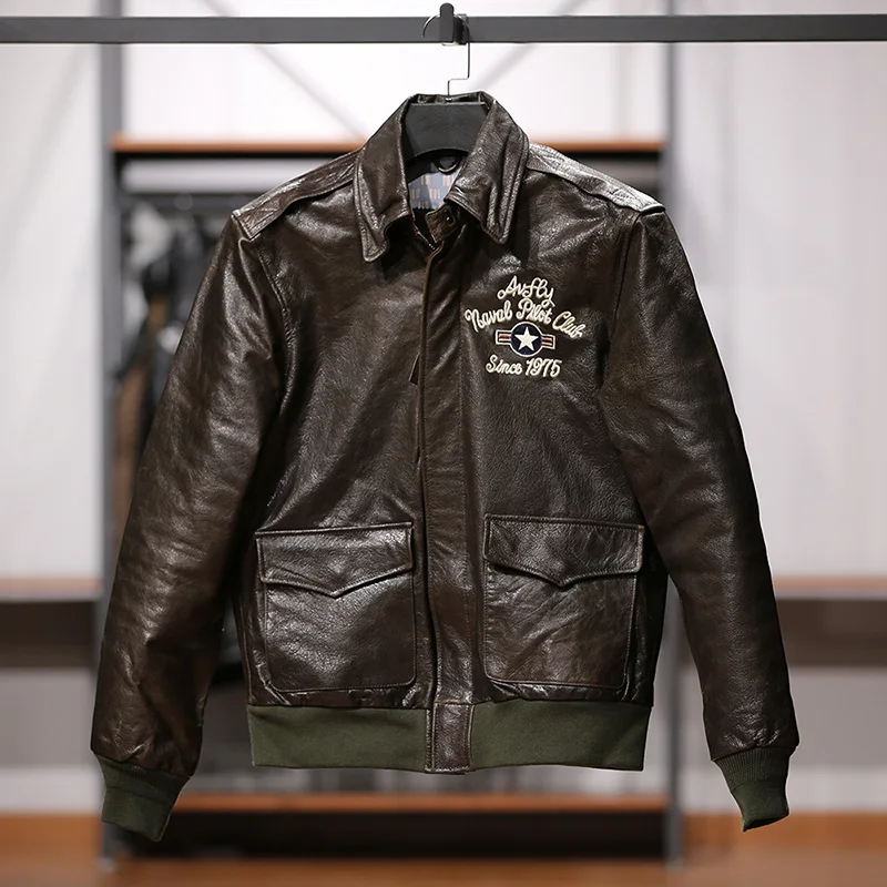 

RockCanRoll Asian Size Air Force Flight A2 Pilot Cow Leather Coat Genuine Cowhide Embroidery Flying Tiger Jacket