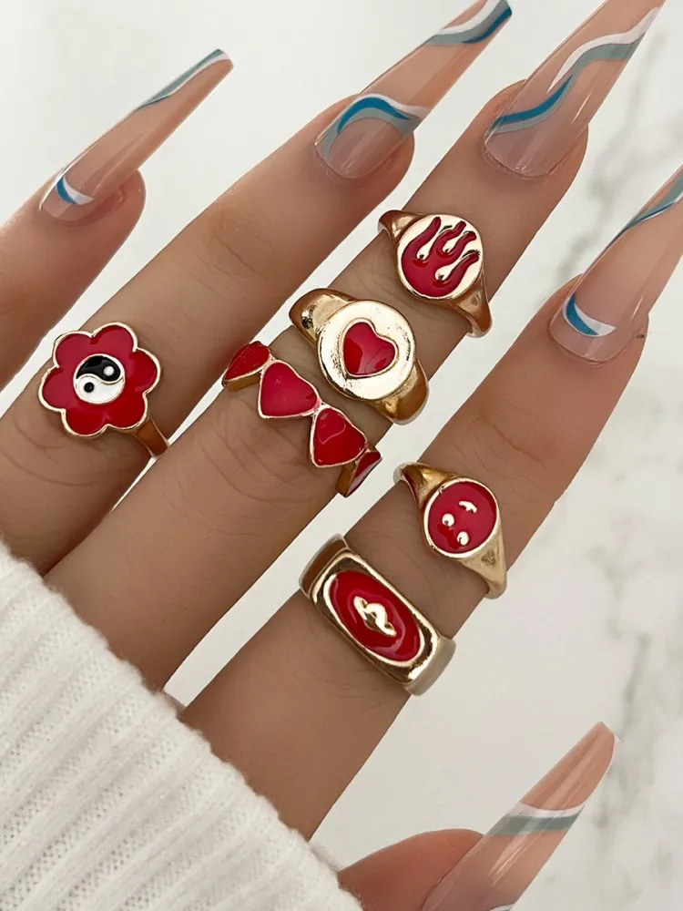 

Набор Колец Weeuee в винтажном стиле для женщин, позолоченные богемные украшения в стиле бохо, с красным капающим маслом, пламенем, сердцем, Под...