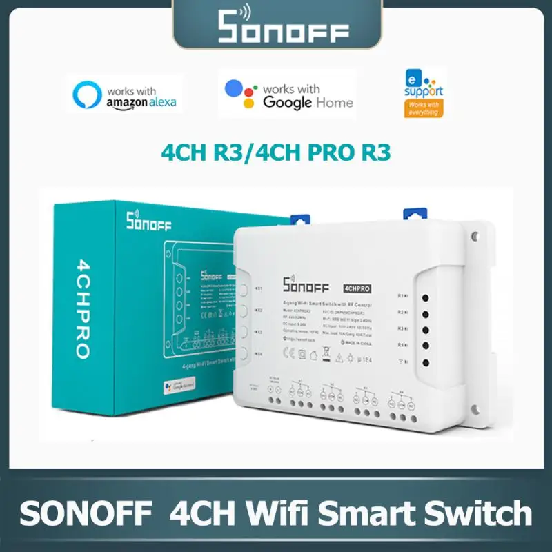 

Умный Wi-Fi переключатель SONOFF 4CH R3/PROR3, 10 А/2200 Вт, 4 клавиши, таймер, «сделай сам», переключатель 433 МГц, умный дом, дистанционное управление через приложение EweLink Alexa