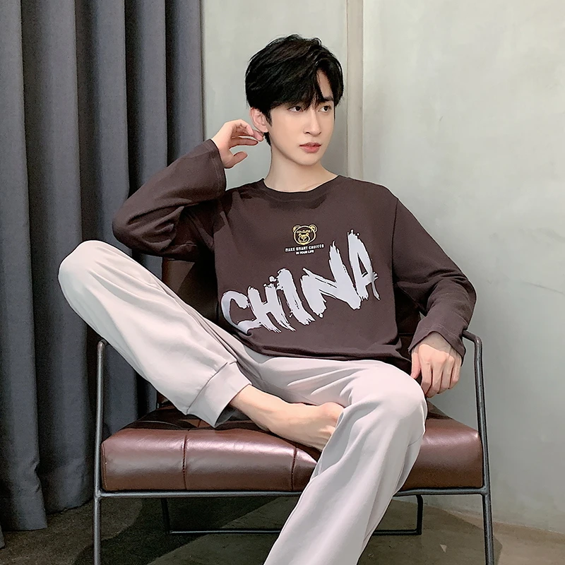 CAIYIER Winter L-5XL Men Pajamas Set Long Sleeve Top Pants Casual Sleepwear Soft Cute Bear Male Nightwear Big Size Homewear