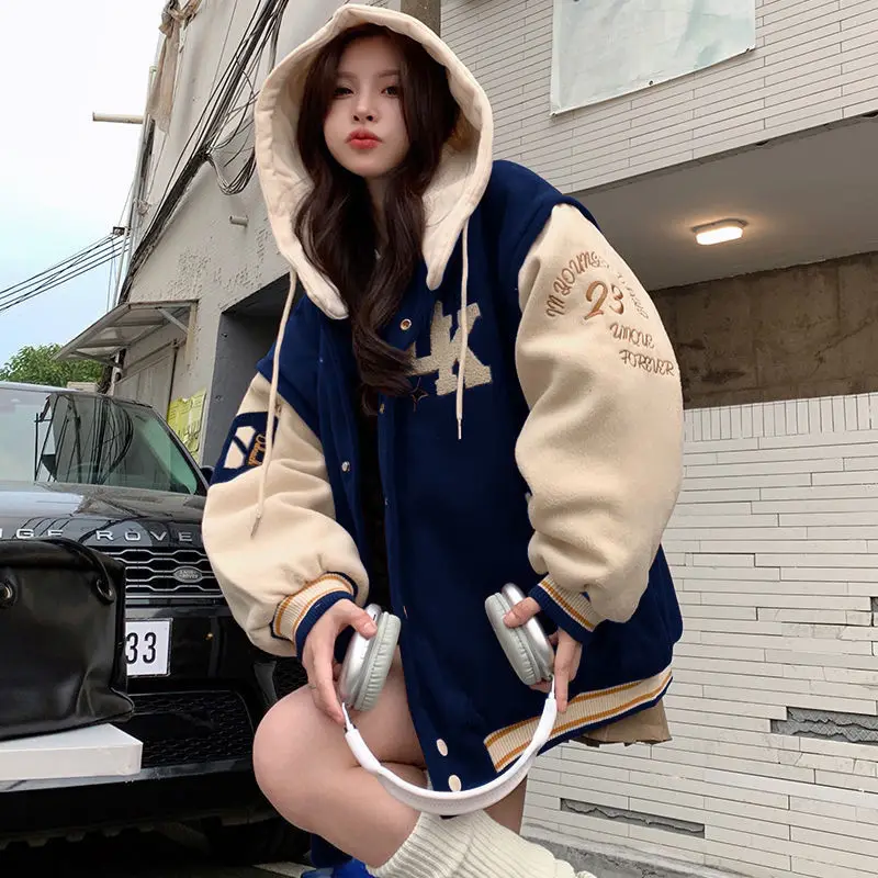 

Autumn and winter jacket womens 2023 American style retro letter embroidery design sense niche loose hooded baseball jackets Y2K
