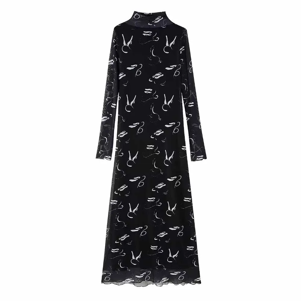 

TRAF WOMEN 2023 Chic New Printed Tulle Dress Long Sleeve Temperament High Neck Design Female Fashion Dress Vestidos 2712820