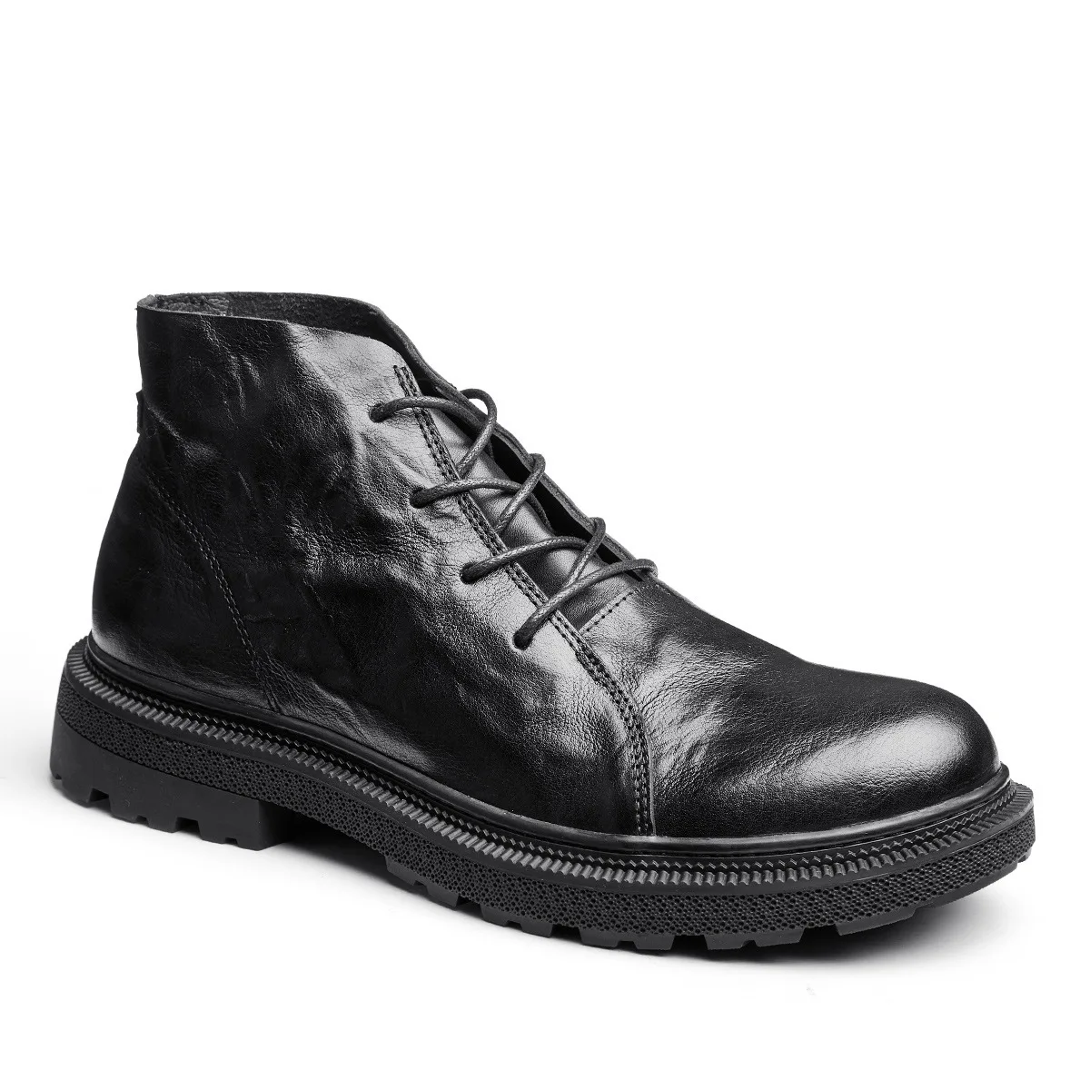 

Cowhide Thick-soled Boots Men Tide Short Boots Motorcycle Boots Tooling Boots High-top Slip on Genuine Leather Men Combat Boots