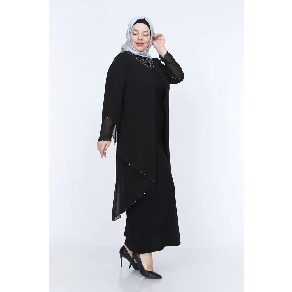 

Dorlie Stone and Beads Embroidered Chiffon Evening Dress Black
