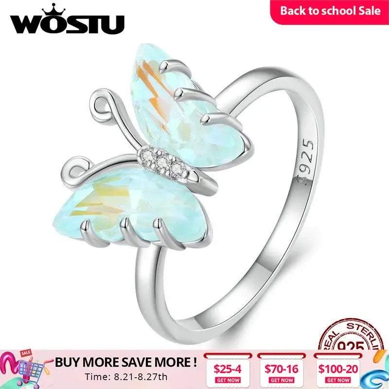 

WOSTU Real 925 Sterling Silver Rainbow Crystal Butterfly Band Rings For Women Cute Insect Delicate Party Jewelry Gift CQR912