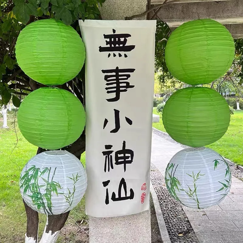 Зеленый бамбуковый круглый фонарь Китайская традиционная чернильная живопись