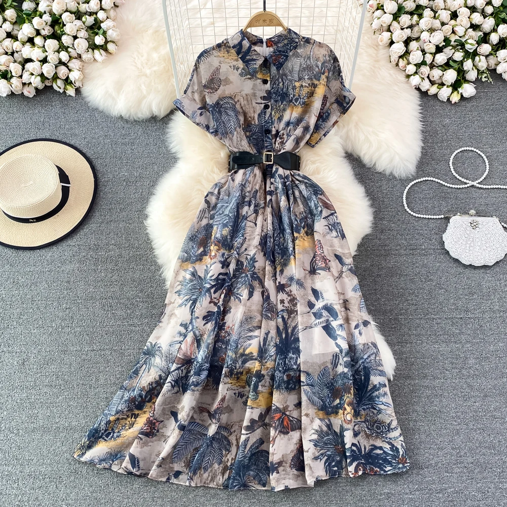 

2022 Summer High-end Ladies Temperament Ink Painting Printing Waist Lapel Single-breasted A-line Large Swing Dress Women's Skirt